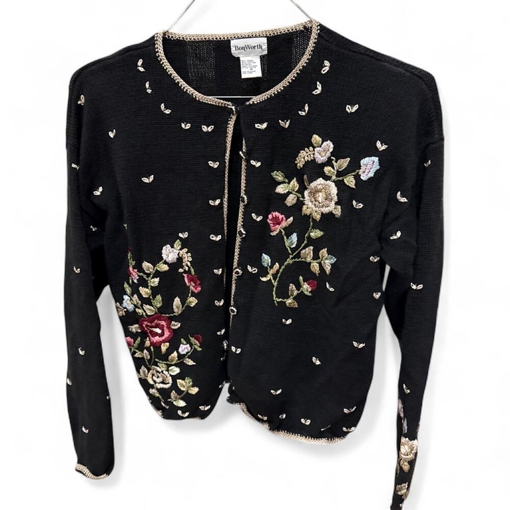 Vintage Bonworth Black Floral Embroided Cardigan Sweater Medium